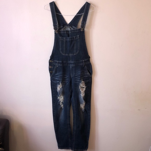 ❤️Machine Nouvelle Mode Italian Distressed Denim Overalls Dark Wash Size M 28 - Picture 1 of 10